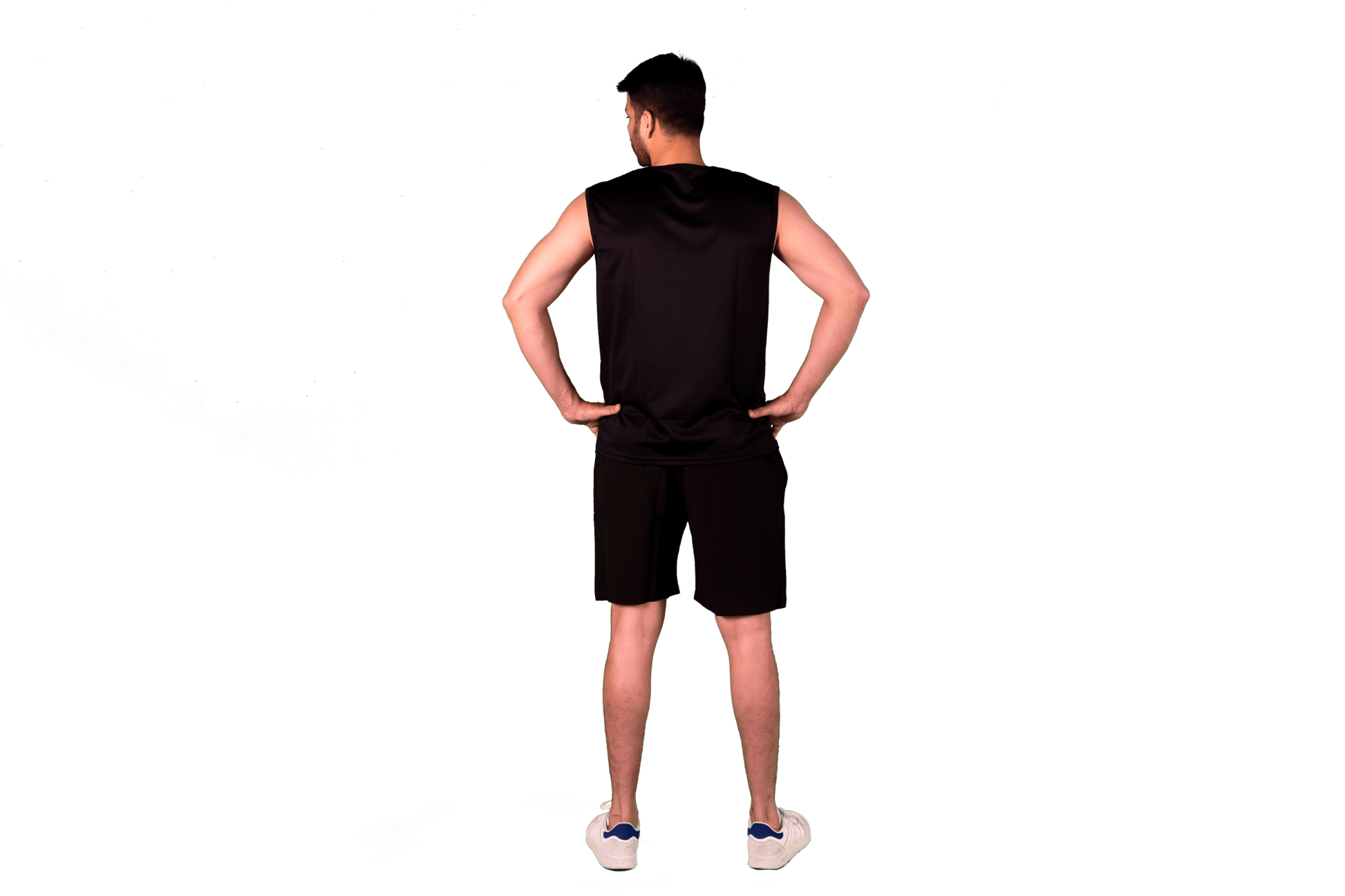 man wearing black athleisure tanktop and short